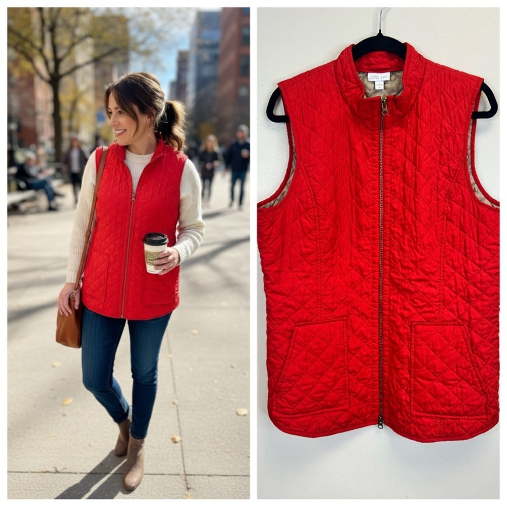 Hiking Camping Gorpcore Granola J. Jill Vibrant Red Quilted Vest Womens L Tall